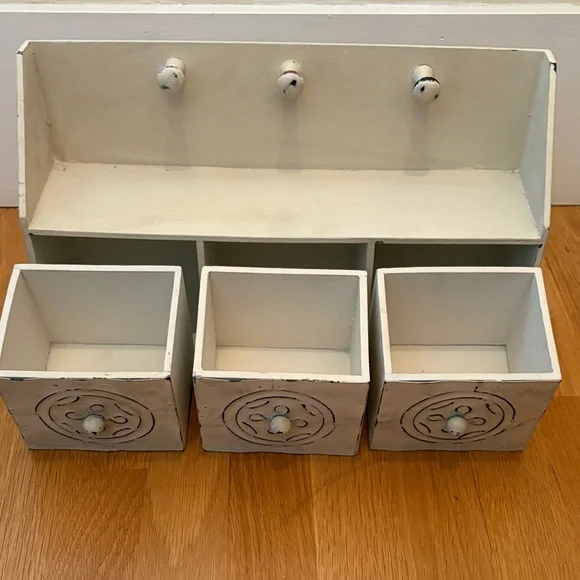 Shabby Chic White Wooden Wall Shelf with Hooks and Drawers - Picture 2 of 6